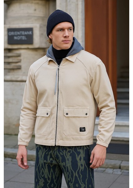 Erkek Fermuarlı Basic Krem Kapşonlu Kot Ceket