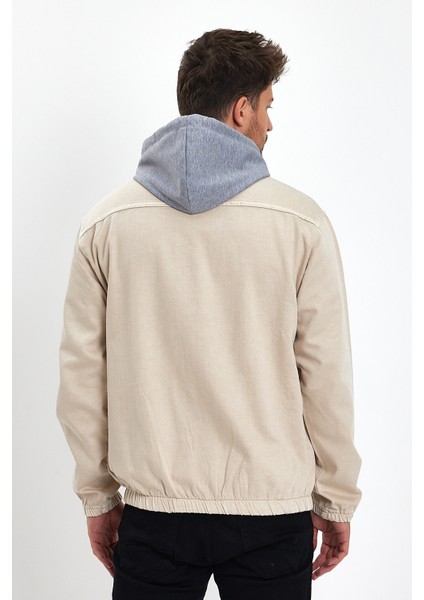 Erkek Fermuarlı Basic Krem Kapşonlu Kot Ceket modelleri