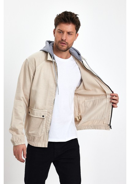 Erkek Fermuarlı Basic Krem Kapşonlu Kot Ceket fırsatları