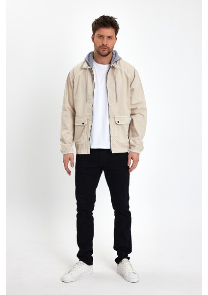 Erkek Fermuarlı Basic Krem Kapşonlu Kot Ceket indirimleri