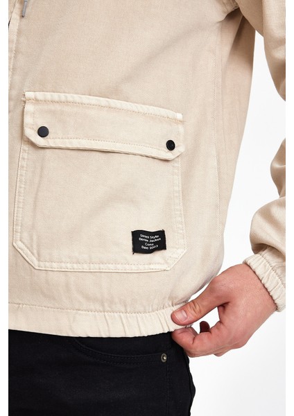 Erkek Fermuarlı Basic Krem Kapşonlu Kot Ceket