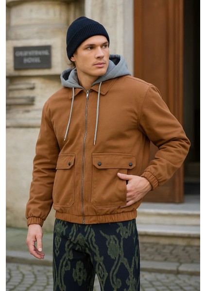 Erkek Fermuarlı Basic Kahve Kapşonlu Kot Ceket