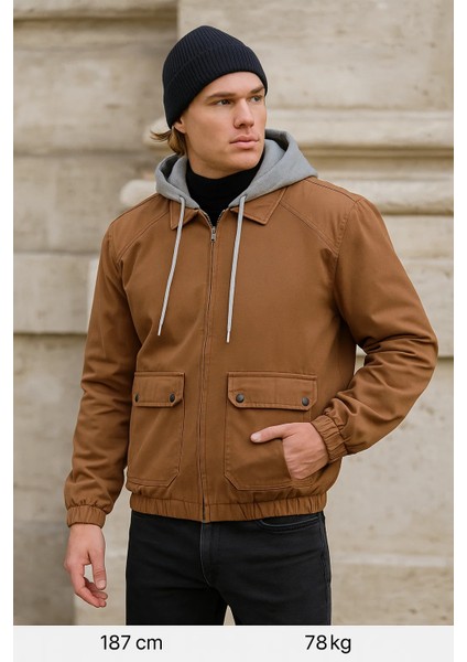 Erkek Fermuarlı Basic Kahve Kapşonlu Kot Ceket fiyatları