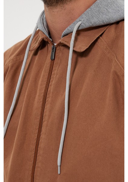 Erkek Fermuarlı Basic Kahve Kapşonlu Kot Ceket indirimleri