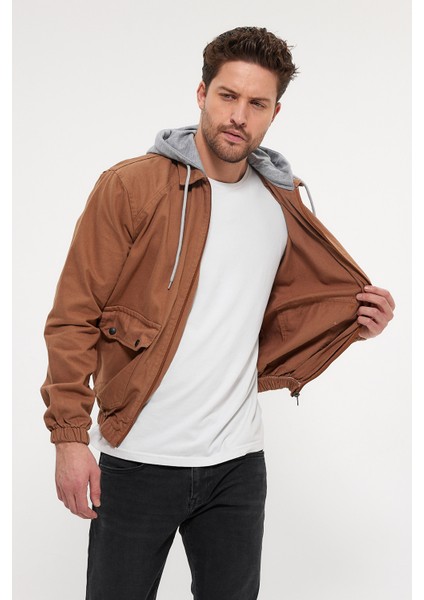 Erkek Fermuarlı Basic Kahve Kapşonlu Kot Ceket
