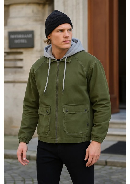 Erkek Fermuarlı Basic Haki Kapşonlu Kot Ceket