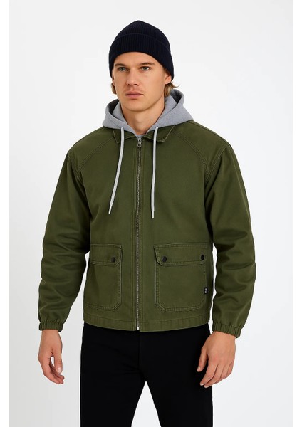 Erkek Fermuarlı Basic Haki Kapşonlu Kot Ceket fiyatları
