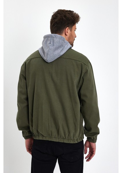 Erkek Fermuarlı Basic Haki Kapşonlu Kot Ceket modelleri