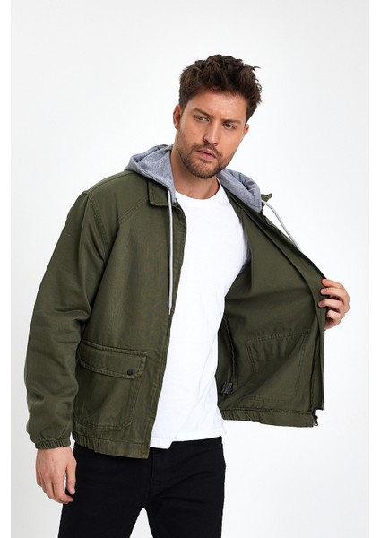 Erkek Fermuarlı Basic Haki Kapşonlu Kot Ceket fırsatları