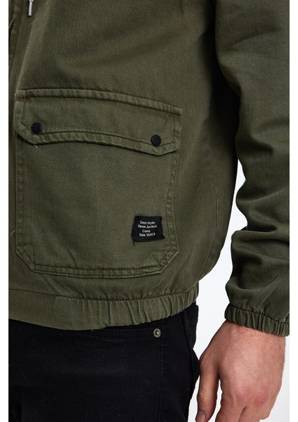Erkek Fermuarlı Basic Haki Kapşonlu Kot Ceket