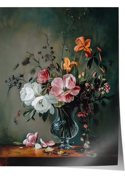 Çerçevesiz Poster, Siyah Zemin Zarif Çiçek Deseni, Yatak Odası Dekoru Poster No: 108924