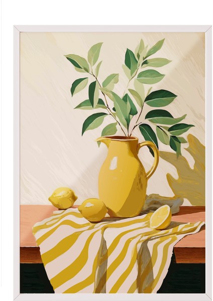 Beyaz Çerçeveli Tablo, Sarı Limonlu Natürmort Tablo, Mutfak Dekoru Poster No: 113318