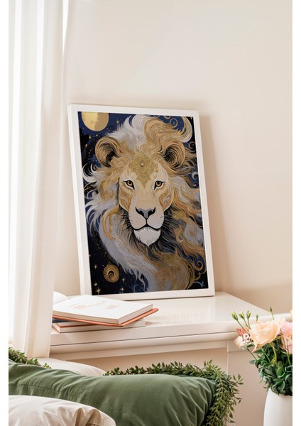 Beyaz Çerçeveli Tablo, Altın Yeleli Aslan Portresi, Salon Dekoru Poster No: 114172 fiyatları