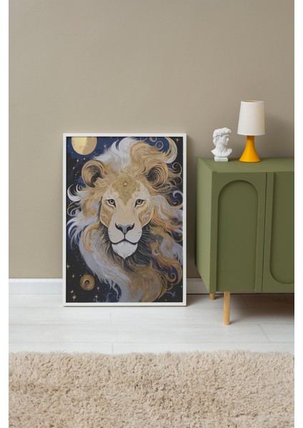 Beyaz Çerçeveli Tablo, Altın Yeleli Aslan Portresi, Salon Dekoru Poster No: 114172 fırsatları