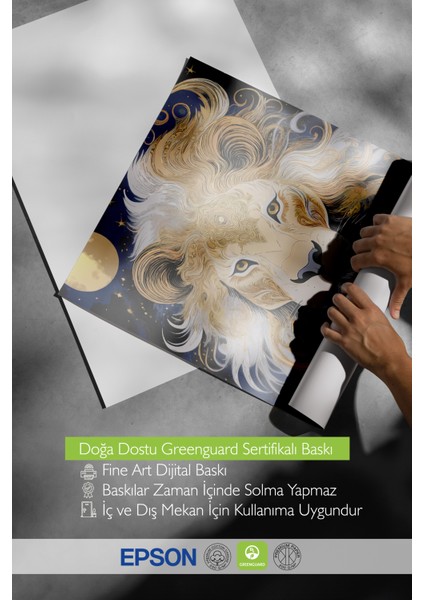 Beyaz Çerçeveli Tablo, Altın Yeleli Aslan Portresi, Salon Dekoru Poster No: 114172