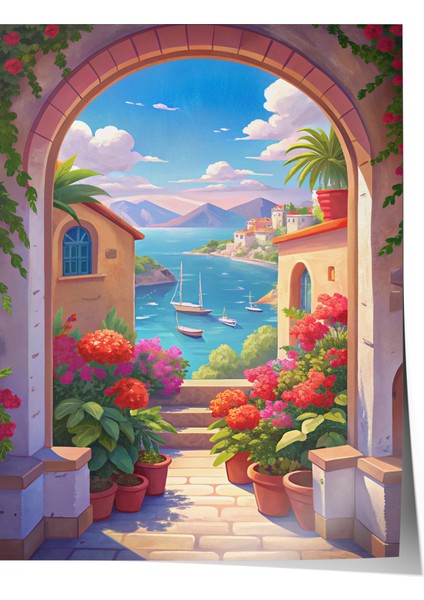 Çerçevesiz Poster, Akdeniz Manzaralı Çiçekli Sokak, Salon Dekoru Poster No: 113858