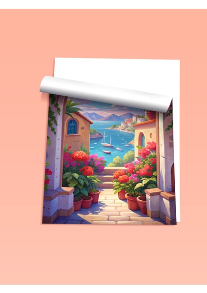 Çerçevesiz Poster, Akdeniz Manzaralı Çiçekli Sokak, Salon Dekoru Poster No: 113858 fiyatları