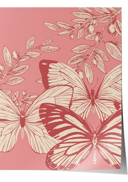 Çerçevesiz Poster, Pembe Arka Plan Kelebek Çizimi, Genç Odası Dekoru Poster No: 113508