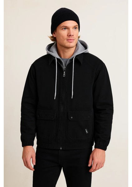 Erkek Fermuarlı Basic Siyah Kapşonlu Kot Ceket fiyatları