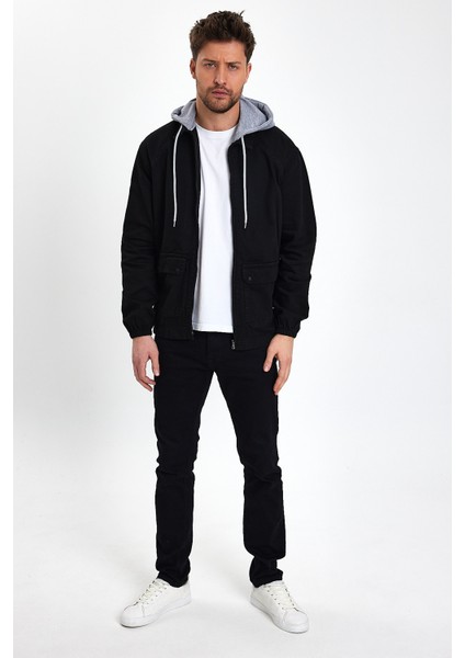 Erkek Fermuarlı Basic Siyah Kapşonlu Kot Ceket indirimleri