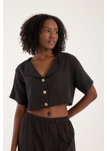 Siyah Müslin Düğmeli Salaş Gömlek Kadın Günlük Bohem Tarz Rahat Üst (S) modelleri