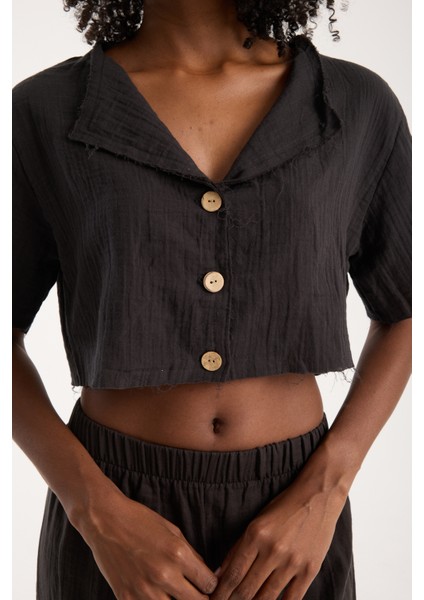 Siyah Müslin Düğmeli Salaş Gömlek Kadın Günlük Bohem Tarz Rahat Üst (S) indirimleri