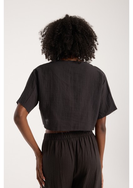 Siyah Müslin Düğmeli Salaş Gömlek Kadın Günlük Bohem Tarz Rahat Üst (S)