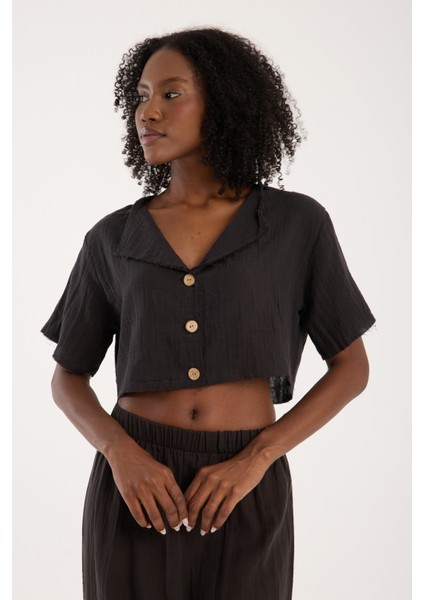 Siyah Müslin Düğmeli Salaş Gömlek Kadın Günlük Bohem Tarz Rahat Üst (S)