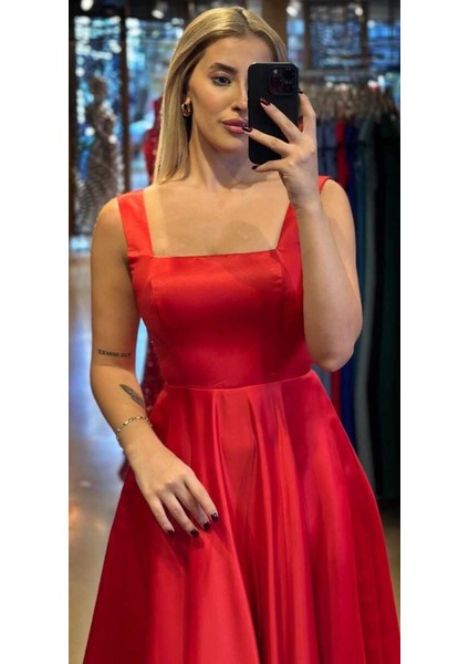 Kırmızı Kalın Askı Kloş Etekli Saten Midi Abiye Elbise 7631 fiyatları