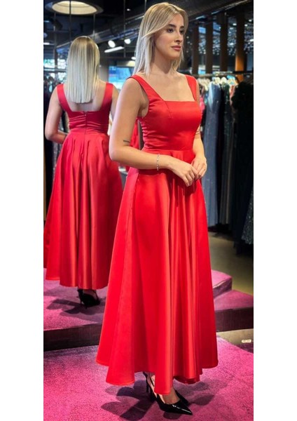 Kırmızı Kalın Askı Kloş Etekli Saten Midi Abiye Elbise 7631 modelleri