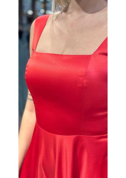Kırmızı Kalın Askı Kloş Etekli Saten Midi Abiye Elbise 7631 fırsatları
