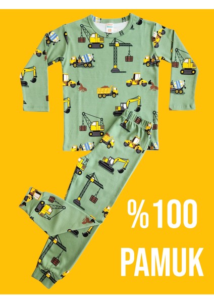 Uzun Kollu Desenli Çocuk Pijama Takım #baskılıçocukpijamatakım #çamaşırbahçesi #inşaatdesenpijama