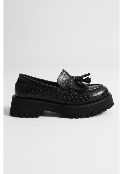 Mina Kadın Günlük Siyah Kroko Baskılı Loafer Ayakkabı