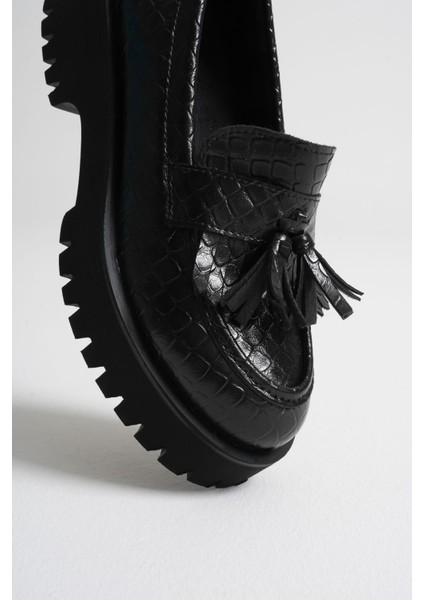 Mina Kadın Günlük Siyah Kroko Baskılı Loafer Ayakkabı modelleri