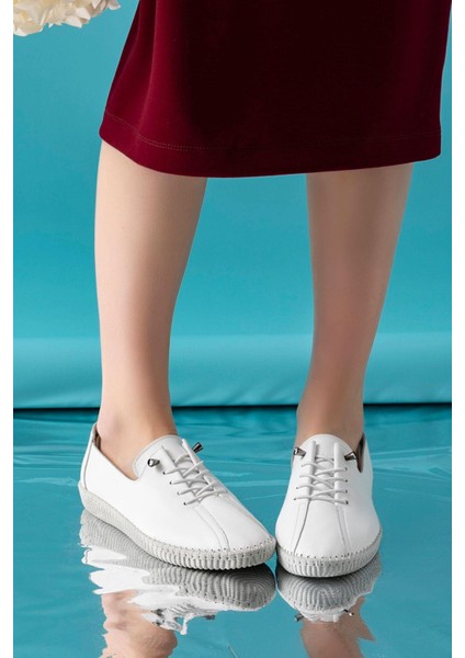 Angers Hakiki Deri Beyaz Kadın Deri Babet