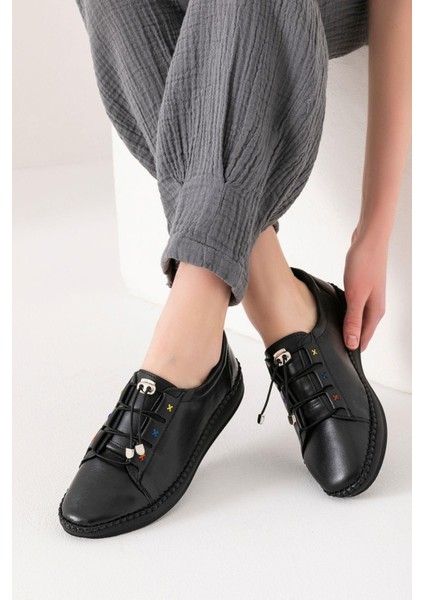 Rennes Hakiki Deri Siyah Kadın Deri Babet