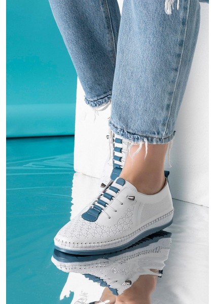 Lemans Hakiki Deri Beyaz Mavi Kadın Deri Babet