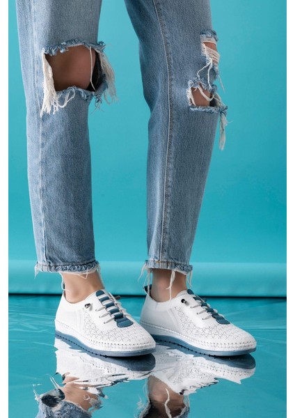 Lemans Hakiki Deri Beyaz Mavi Kadın Deri Babet fiyatları