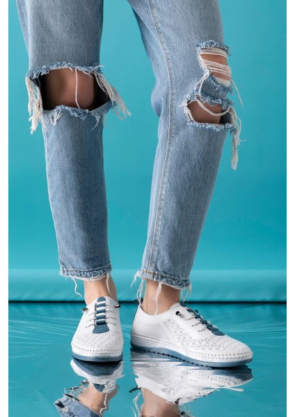 Lemans Hakiki Deri Beyaz Mavi Kadın Deri Babet modelleri