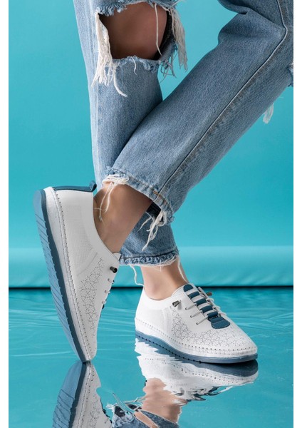 Lemans Hakiki Deri Beyaz Mavi Kadın Deri Babet fırsatları