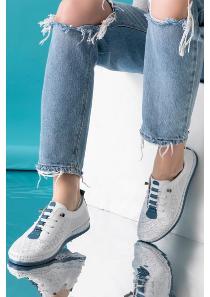 Lemans Hakiki Deri Beyaz Mavi Kadın Deri Babet indirimleri