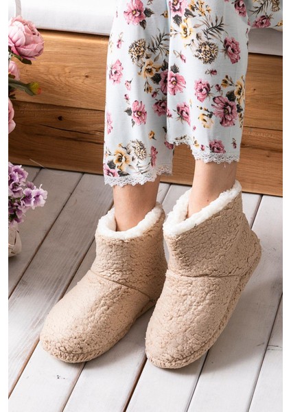 Kadın Panduf Ev Botu Kışlık Ev Ayakkabısı Efektli Yumuşak Sessiz Taban RED0001