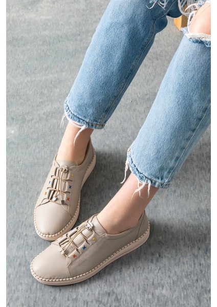 Rennes Hakiki Deri Krem Kadın Deri Babet