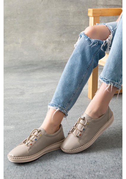 Rennes Hakiki Deri Krem Kadın Deri Babet modelleri