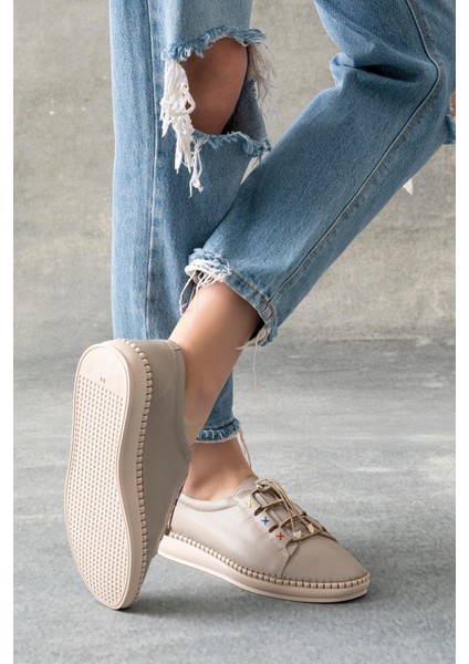 Rennes Hakiki Deri Krem Kadın Deri Babet fırsatları