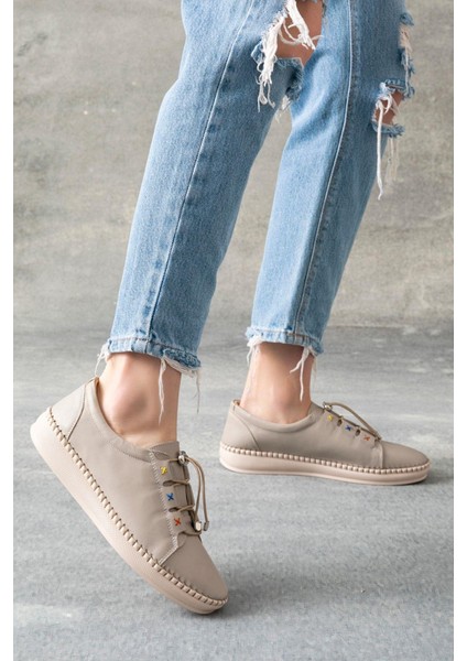 Rennes Hakiki Deri Krem Kadın Deri Babet indirimleri