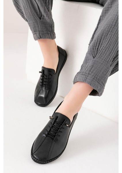 Angers Hakiki Deri Siyah Kadın Deri Babet