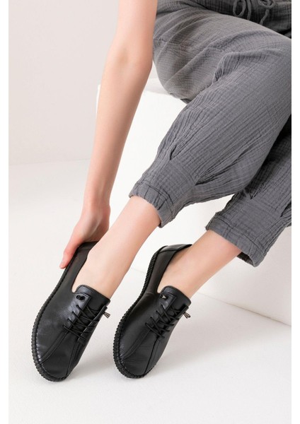 Angers Hakiki Deri Siyah Kadın Deri Babet modelleri