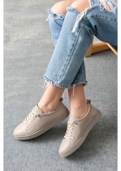 Nancy Hakiki Deri Krem Kadın Deri Babet