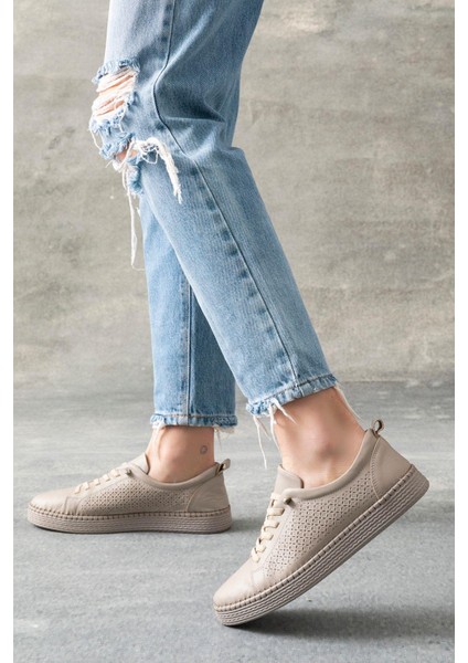 Nancy Hakiki Deri Krem Kadın Deri Babet modelleri